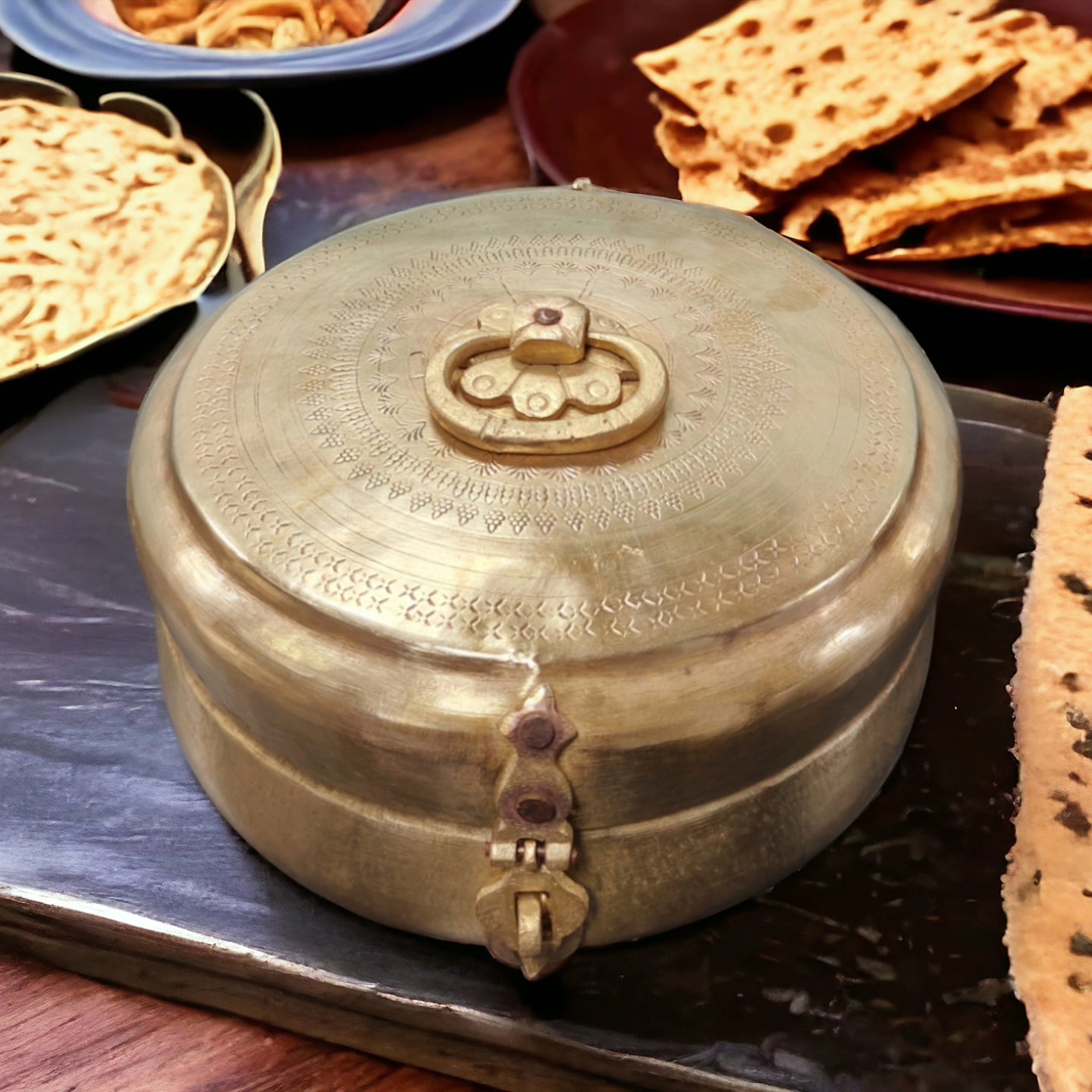 ORIGINAL ANTIQUE: AT/001 - Vintage Rare Very Beautifully Engraved Pure Brass Roti Dabba | Chapati Box | KITCHENWARE | UTENSILS | HOME APPLIANCES