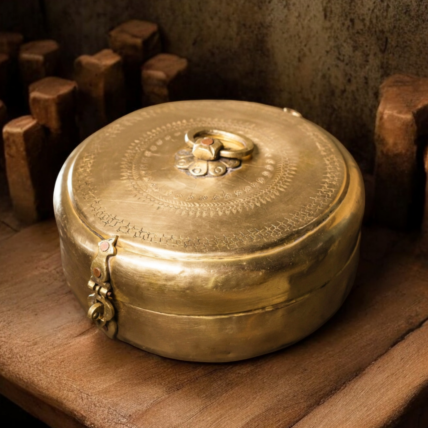 ORIGINAL ANTIQUE: AT/001 - Vintage Rare Very Beautifully Engraved Pure Brass Roti Dabba | Chapati Box | KITCHENWARE | UTENSILS | HOME APPLIANCES