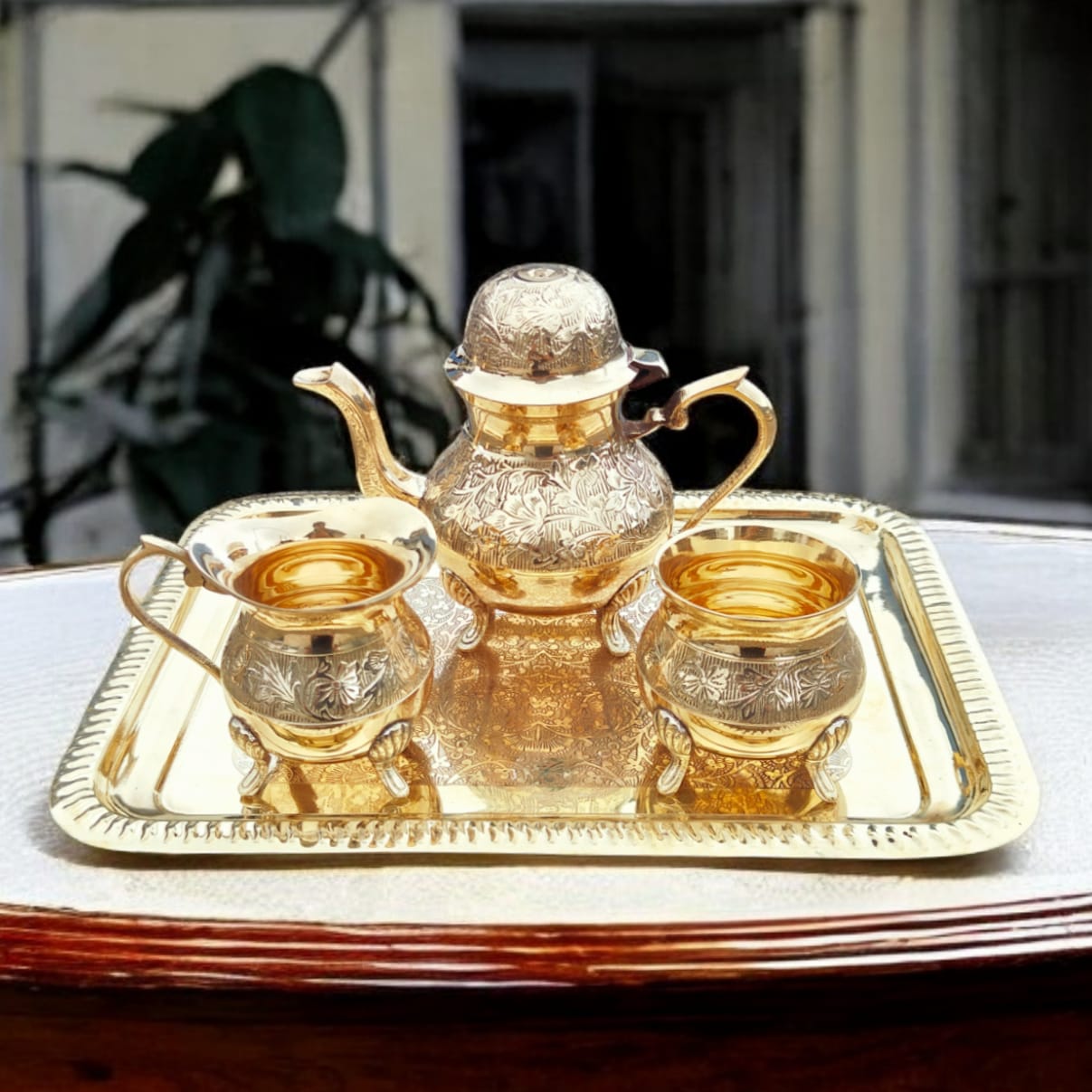 BRAND NEW: NW/064 - 100% Pure Brass Very Beautifully Engraved Tea set of 1 Tea Pot, 1 Milk Pot, 1 Sugar Pot & 1 Rectangle Shape Tray | KITCHENWARE | UTENSILS | HOME APPLIANCES