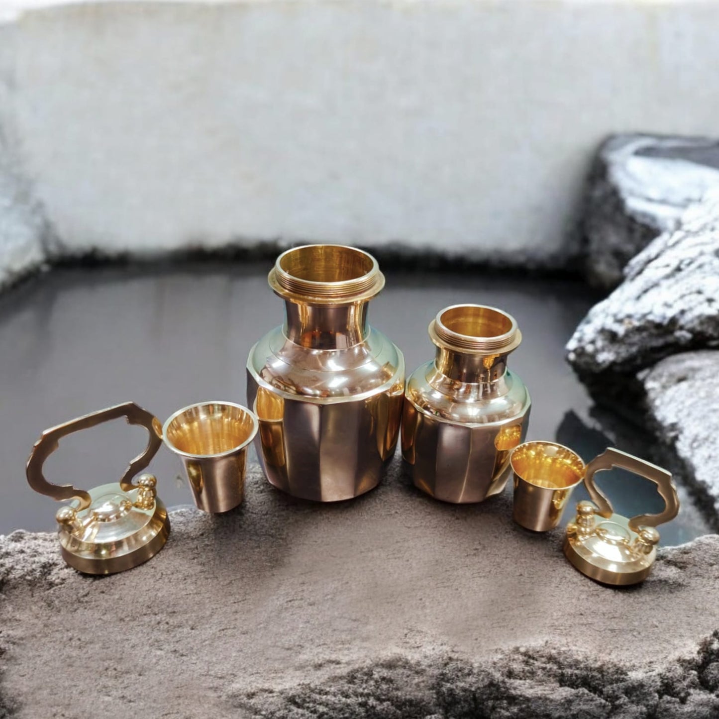 BRAND NEW: NW/021 - Set of 2 - Rare Pure Brass Very Beautiful Cylindrical Shape Vintage Look Gangajal Lota with Glass inside in a Glossy finish traditionally known as "KAMANDAL" | KITCHENWARE | UTENSILS | HOME APPLIANCES