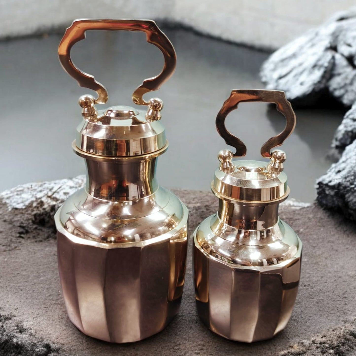 BRAND NEW: NW/021 - Set of 2 - Rare Pure Brass Very Beautiful Cylindrical Shape Vintage Look Gangajal Lota with Glass inside in a Glossy finish traditionally known as "KAMANDAL" | KITCHENWARE | UTENSILS | HOME APPLIANCES