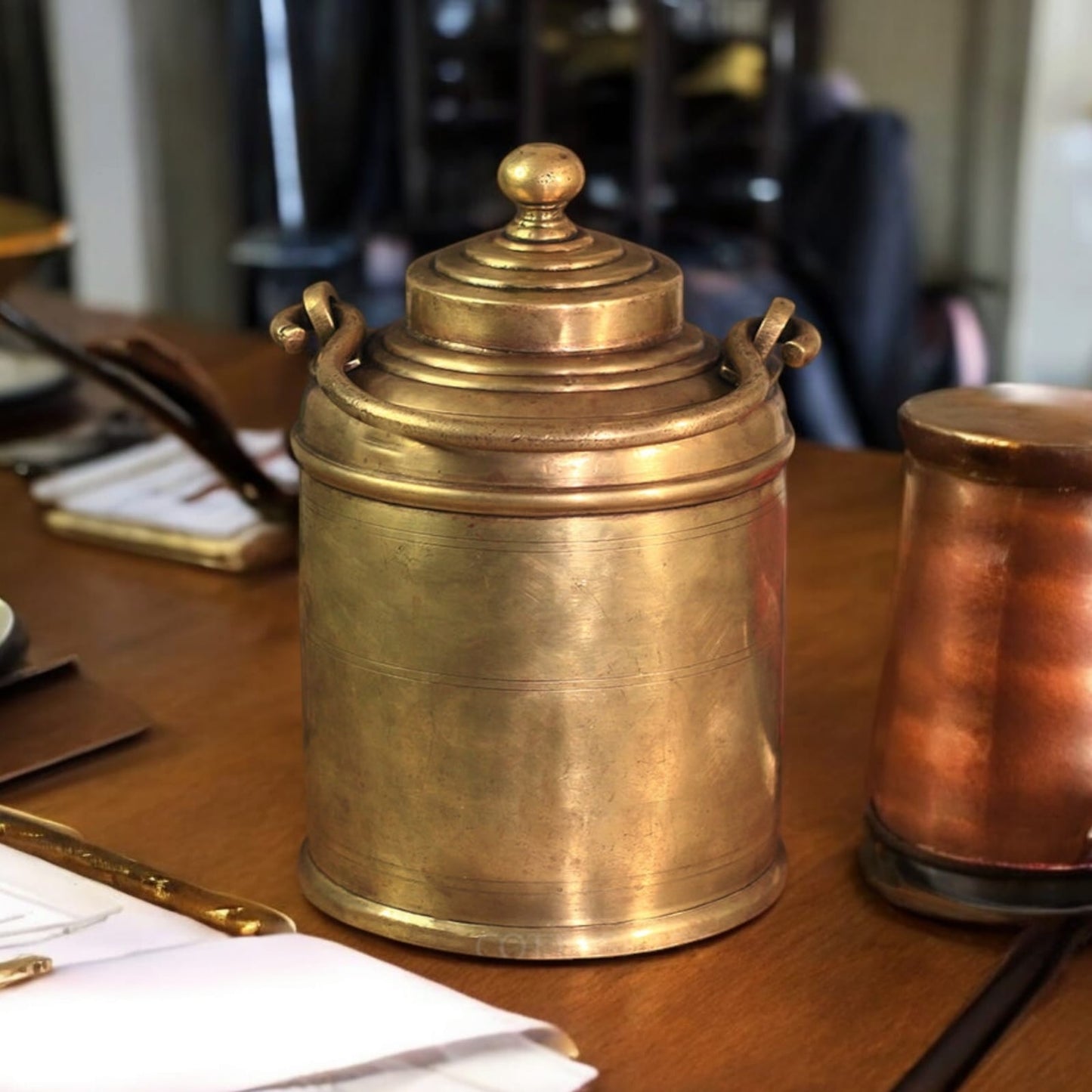 ORIGINAL ANTIQUE: AT/119 - Vintage Pure Brass Very Beautiful Shape Oil - Ghee - Milk Can | KITCHENWARE | UTENSILS | HOME APPLIANCES
