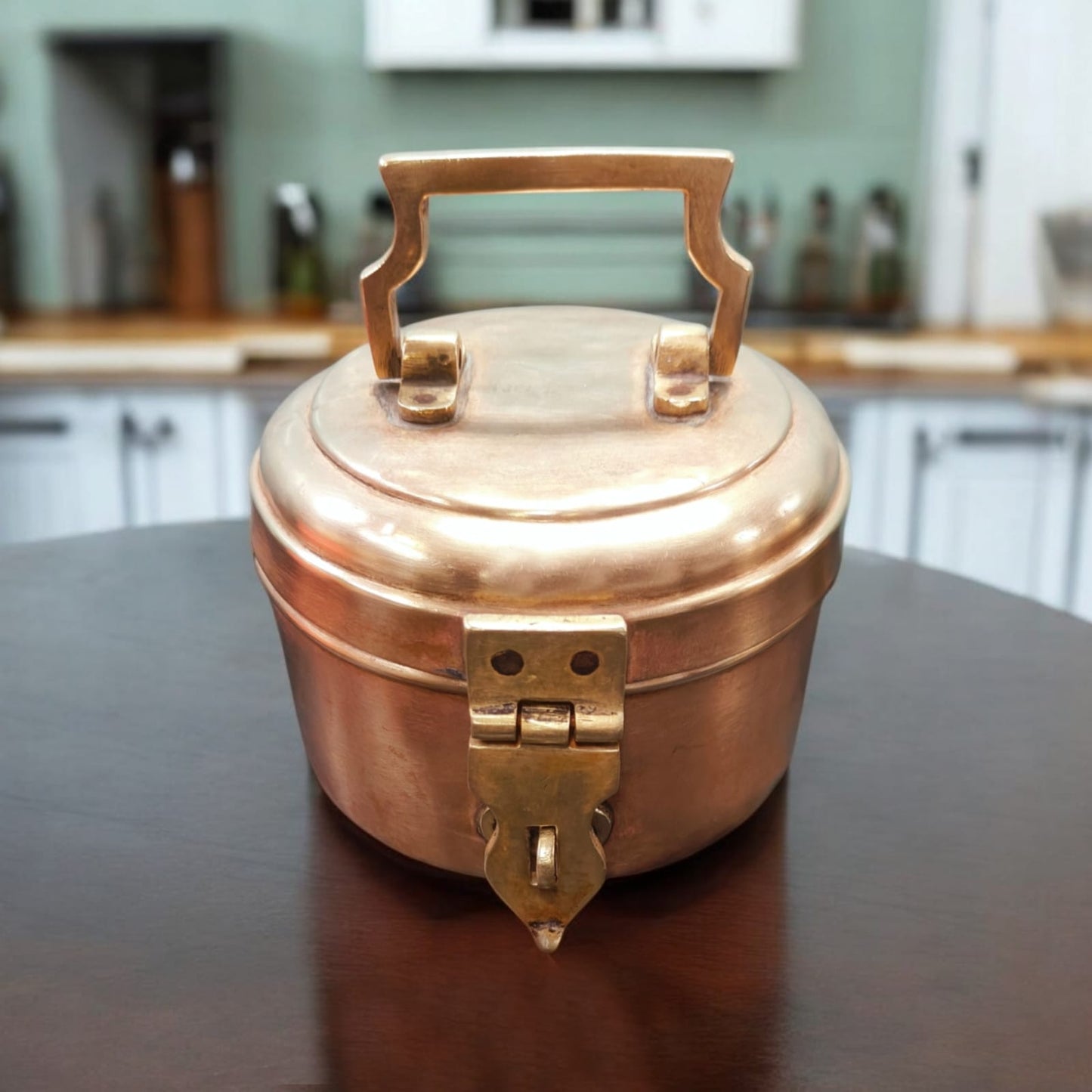 ORIGINAL ANTIQUE: AT/132 - Vintage Rare Pure Brass Round Shape Box With Handle & Locking System | KITCHENWARE | UTENSILS | HOME APPLIANCES