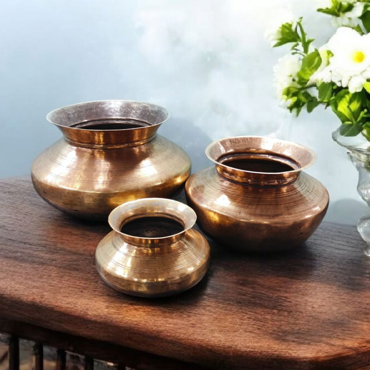 AT/006 - Set of 3 - Original Antique Pure Brass Beautiful Shape Water Pots