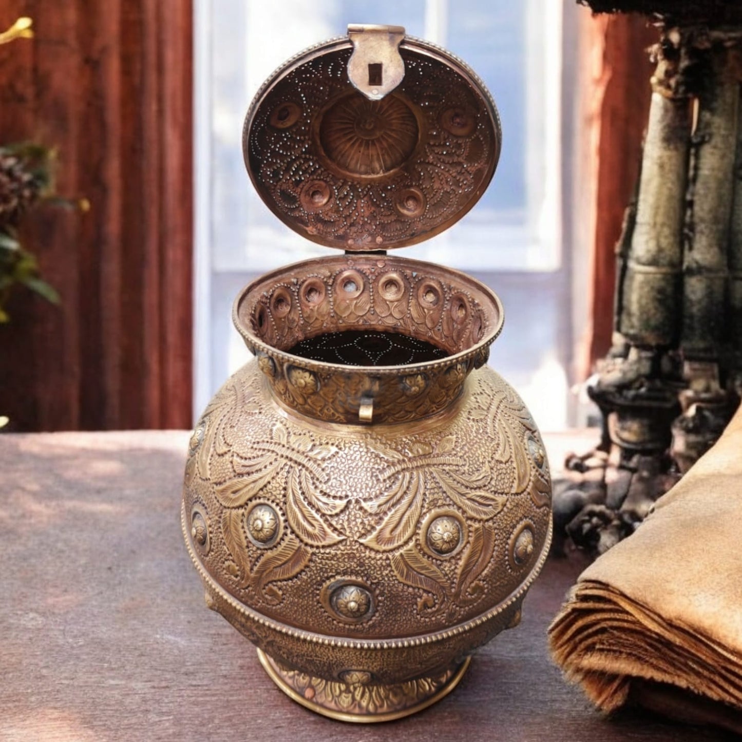ORIGINAL ANTIQUE: AT/101 - Very Rare & Unique Shape Vintage Beautifully Engraved & Pierced Storage Box with Lock System | KITCHENWARE | UTENSILS | HOME APPLIANCES