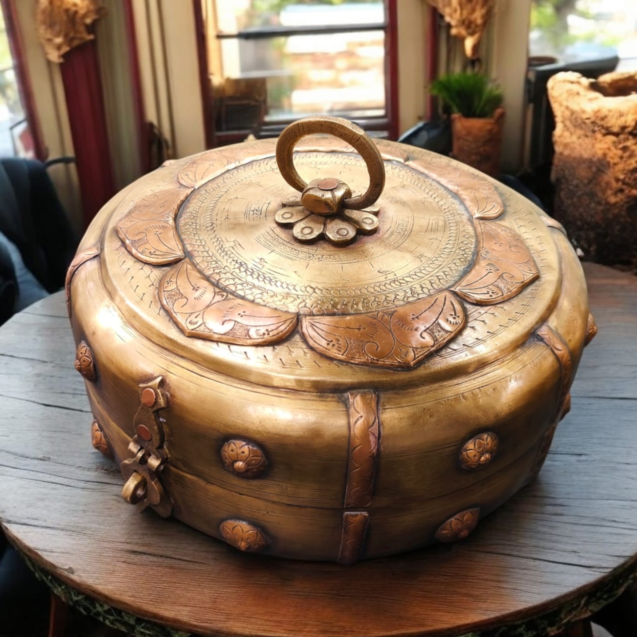 ORIGINAL ANTIQUE: AT/094 - Very Rare Beautifully Engraved Pure Brass Roti Dabba | Chapati Box | Multipurpose Box With Lock System | KITCHENWARE | UTENSILS | HOME APPLIANCES