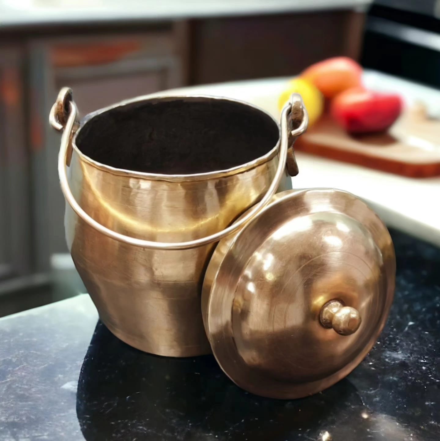 ORIGINAL ANTIQUE: AT/208 - Rare Vintage Pure Brass Beautiful Oval Shape Storage Jar With Lid And Handle | KITCHENWARE | UTENSILS | HOME APPLIANCES