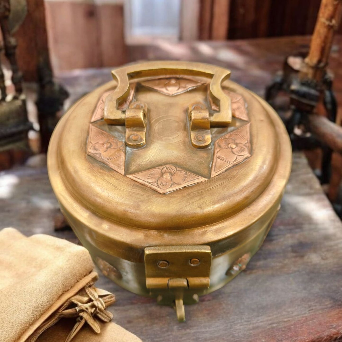 ORIGINAL ANTIQUE: AT/085 - Very Rare Beautifully Engraved Pure Brass Storage | Multipurpose Box With Lock System | KITCHENWARE | UTENSILS | HOME APPLIANCES