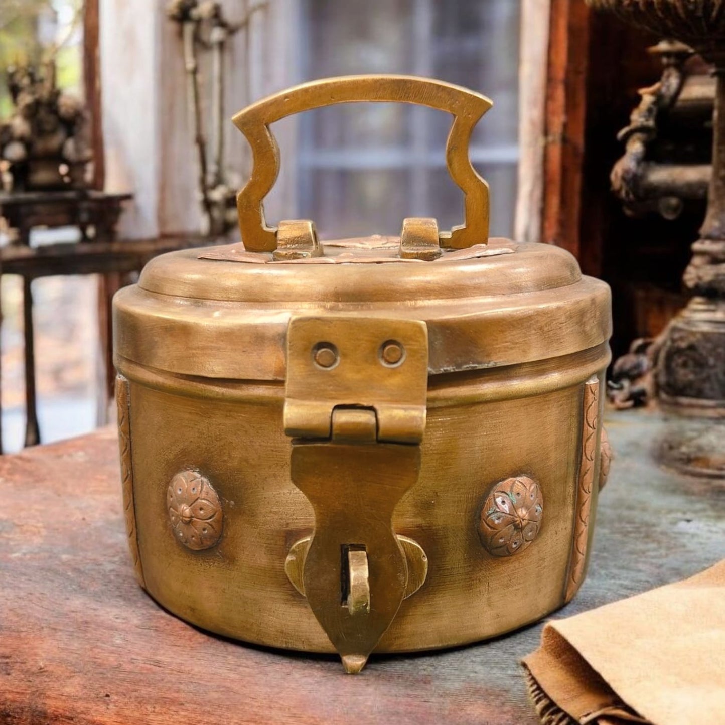 ORIGINAL ANTIQUE: AT/085 - Very Rare Beautifully Engraved Pure Brass Storage | Multipurpose Box With Lock System | KITCHENWARE | UTENSILS | HOME APPLIANCES