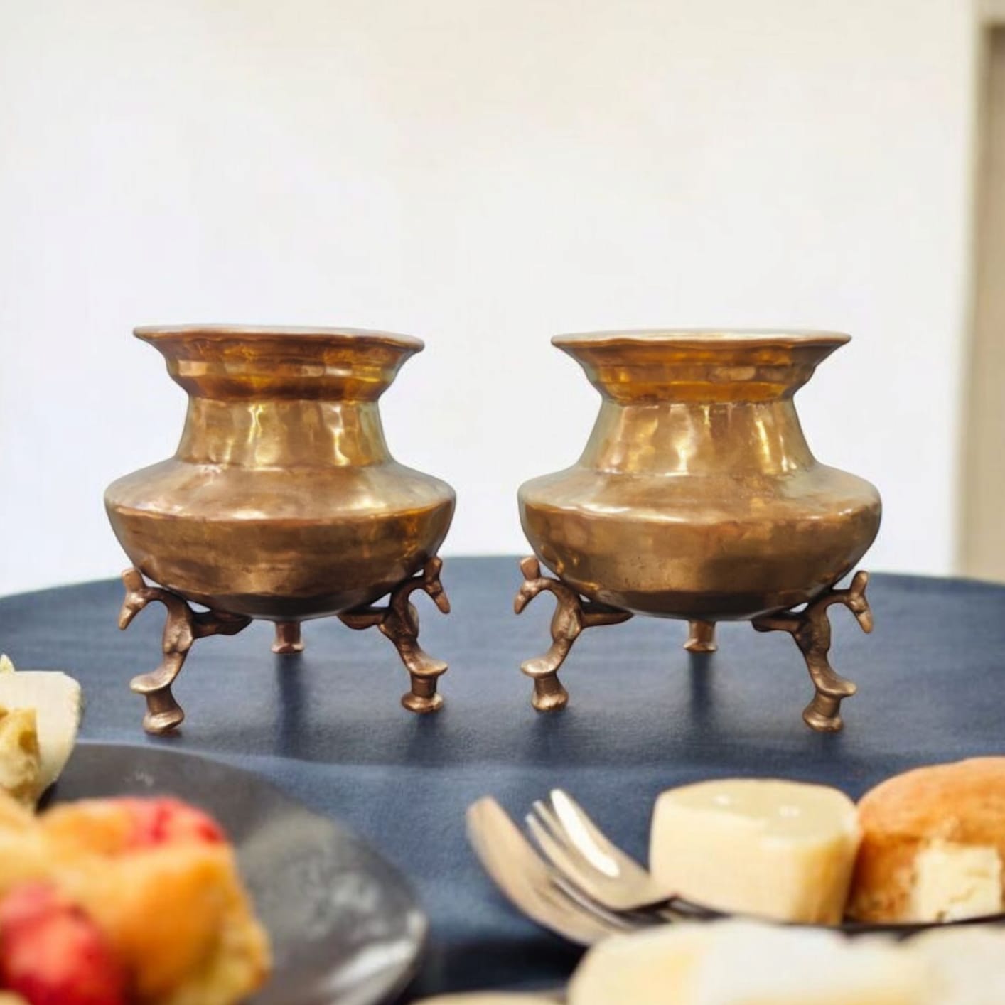 ORIGINAL ANTIQUE: AT/042 - Set of 2 Rare Vintage Unique Shape Pure Brass Lota on Legs | KITCHENWARE | UTENSILS | HOME APPLIANCES