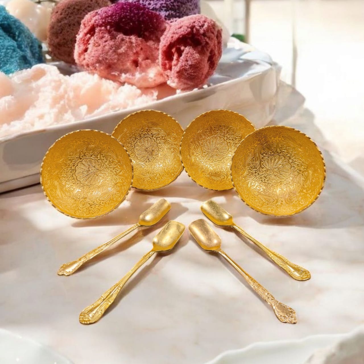 ORIGINAL ANTIQUE: AT/179 - Set Of 4 - 100% Pure Brass Very Beautifully Engraved Peacock Floral Print Ice Cream Bowls With Spoons | KITCHENWARE | UTENSILS | HOME APPLIANCES