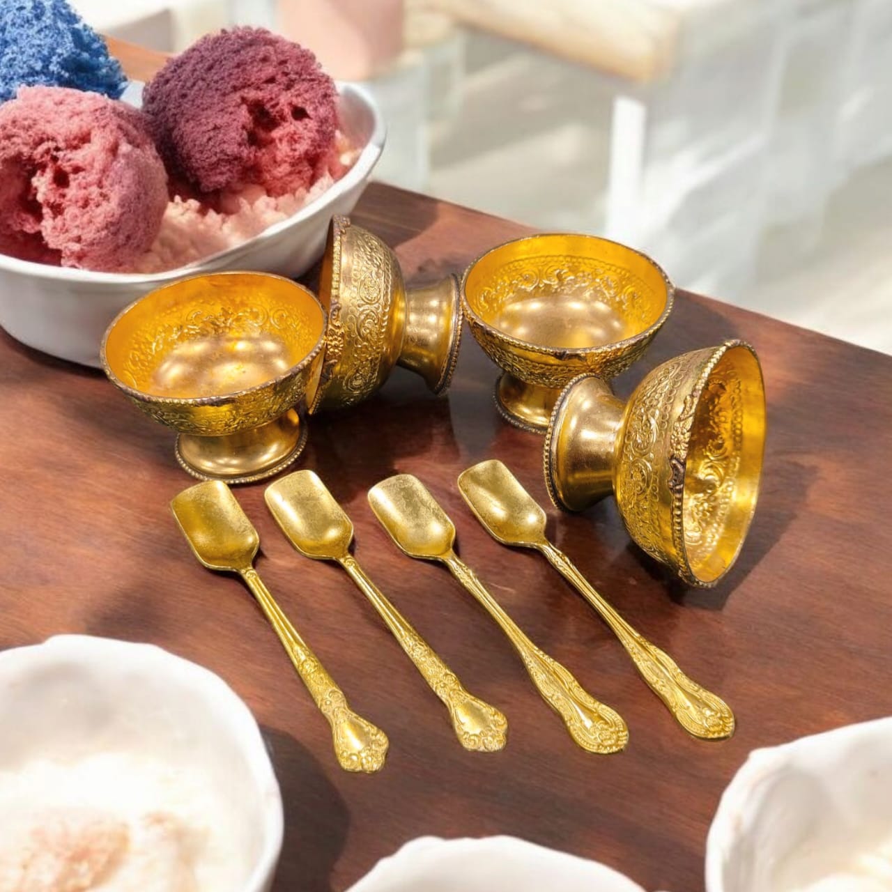 ORIGINAL ANTIQUE: AT/180 - Set Of 4 - 100% Pure Brass Very Beautifully Engraved Ice Cream Bowls With Spoons | KITCHENWARE | UTENSILS | HOME APPLIANCES