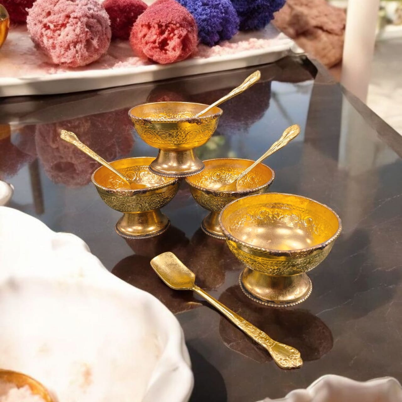 ORIGINAL ANTIQUE: AT/180 - Set Of 4 - 100% Pure Brass Very Beautifully Engraved Ice Cream Bowls With Spoons | KITCHENWARE | UTENSILS | HOME APPLIANCES