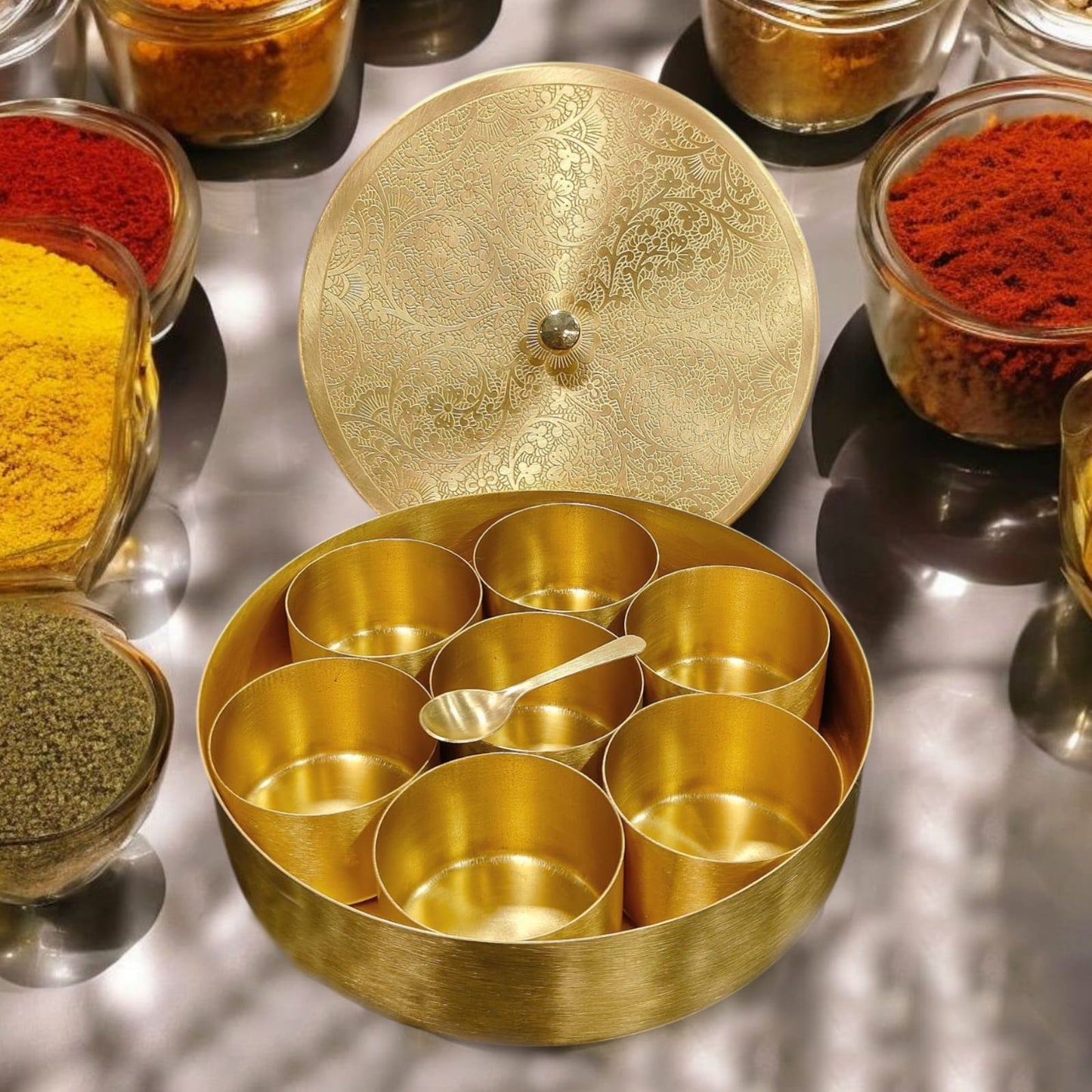 BRAND NEW: NW/042 - 100% Pure Brass Beautifully Engraved Perfect Round Shape Spice Box | Masala Dani with 1 Spoon And 7 Containers | KITCHENWARE | UTENSILS | HOME APPLIANCES