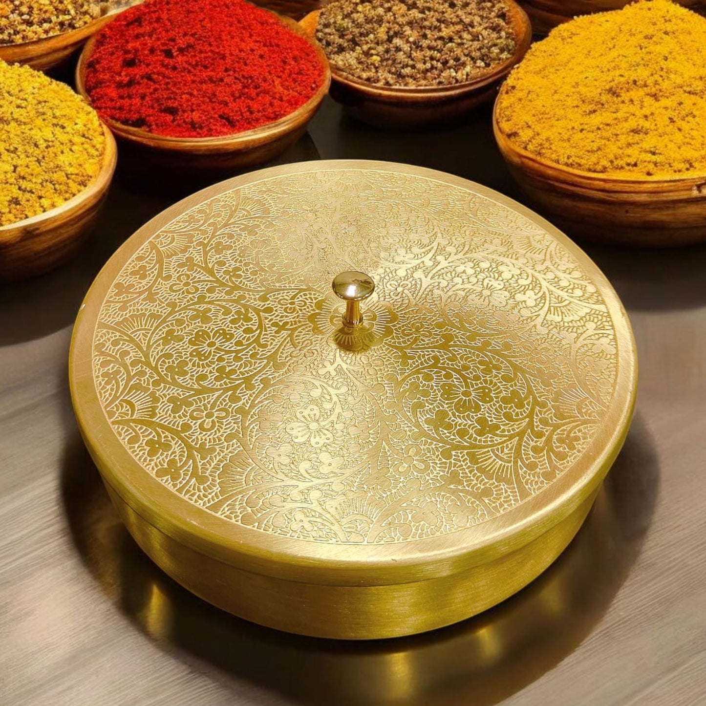 BRAND NEW: NW/042 - 100% Pure Brass Beautifully Engraved Perfect Round Shape Spice Box | Masala Dani with 1 Spoon And 7 Containers | KITCHENWARE | UTENSILS | HOME APPLIANCES