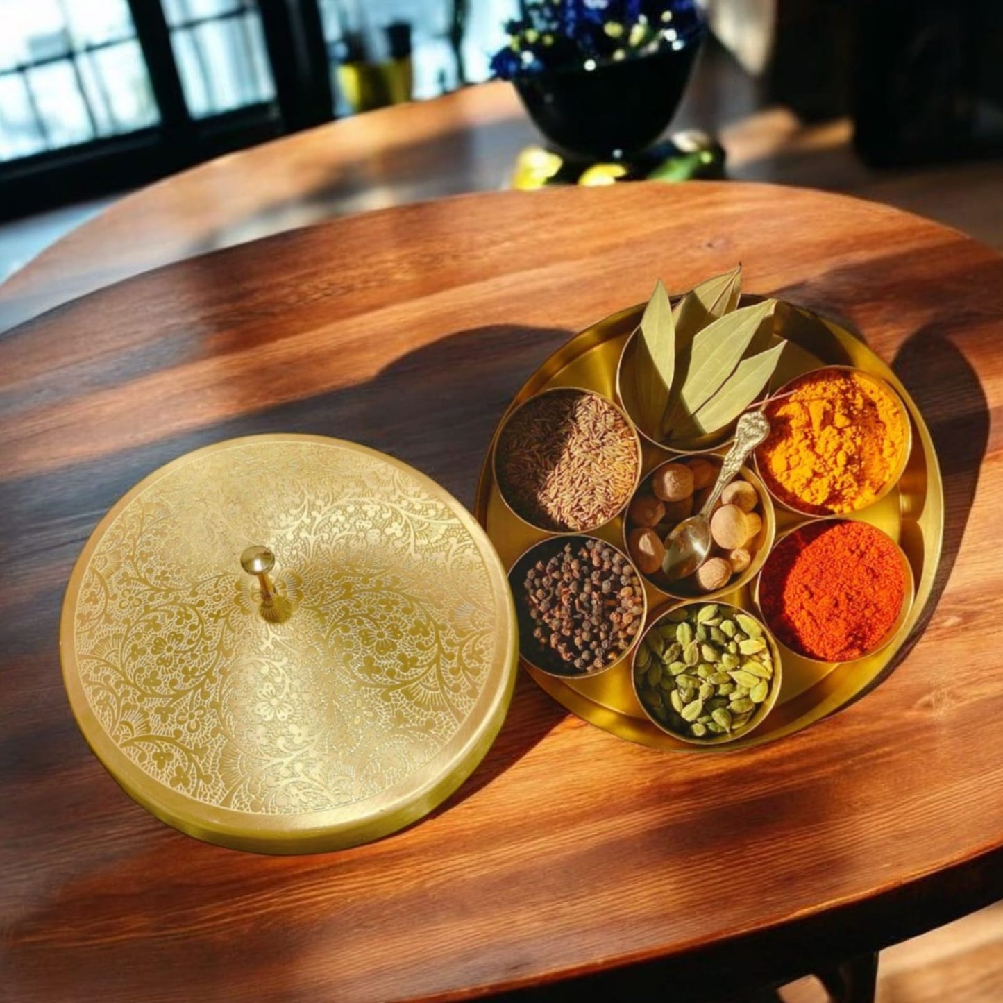 BRAND NEW: NW/042 - 100% Pure Brass Beautifully Engraved Perfect Round Shape Spice Box | Masala Dani with 1 Spoon And 7 Containers | KITCHENWARE | UTENSILS | HOME APPLIANCES