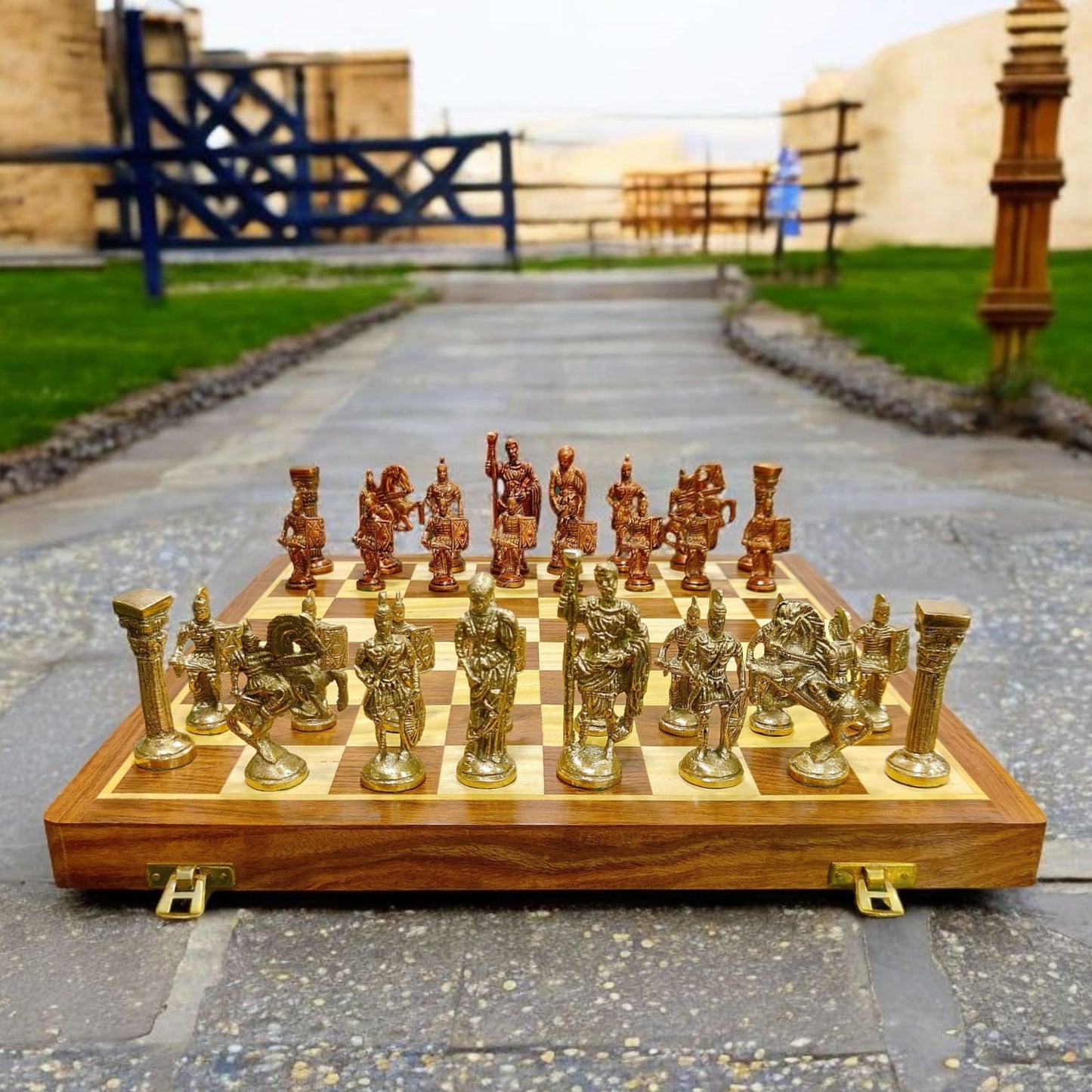 BRAND NEW: NW/043 - Chess Set with Pure Brass Sculpted Pieces In Ancient Roman Style & Wooden Folding Board | KITCHENWARE | UTENSILS | HOME APPLIANCES