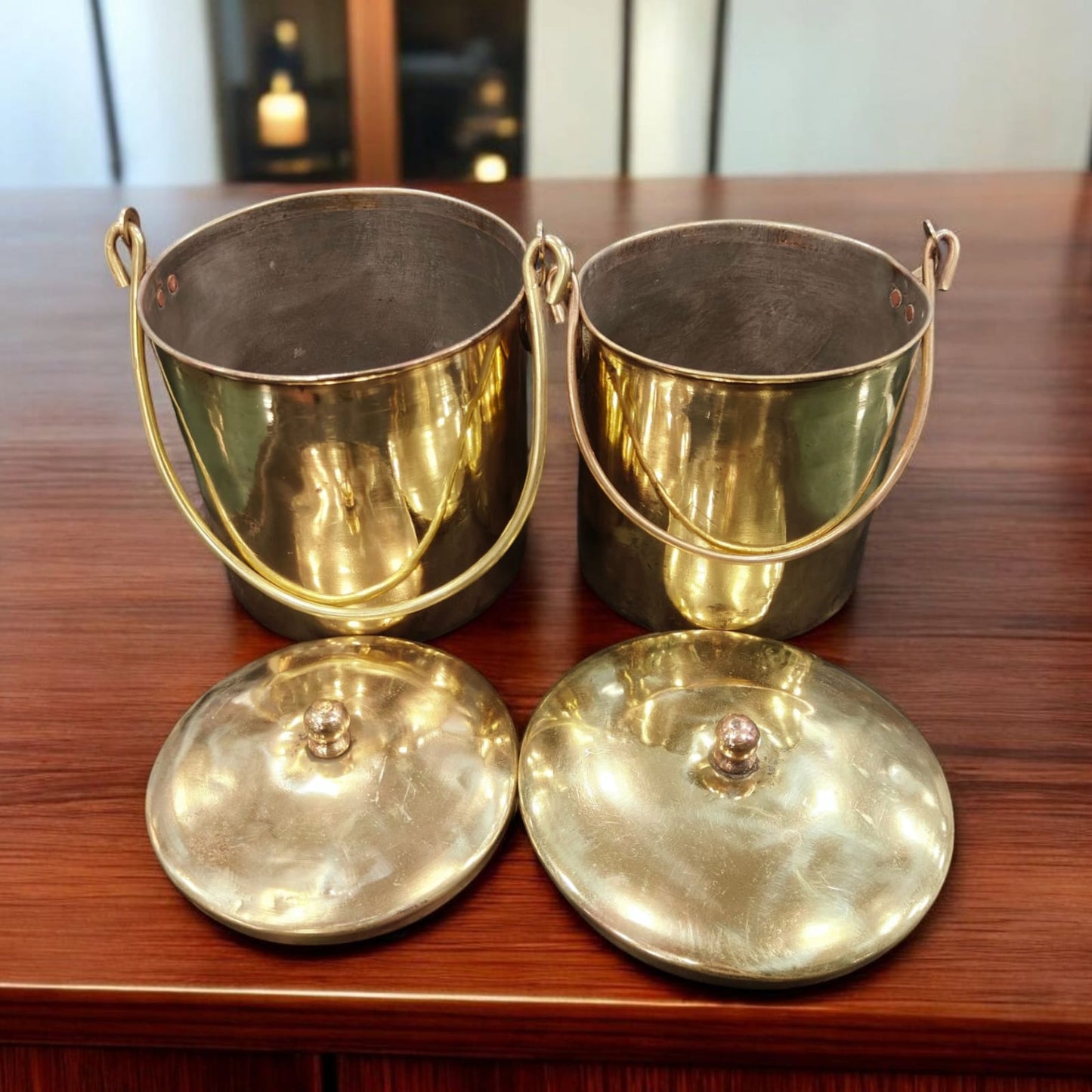 ORIGINAL ANTIQUE: AT/208 - Set of 2 - Vintage Pure Brass Bucket | Balti with Swing Handle & Lid | KITCHENWARE | UTENSILS | HOME APPLIANCES