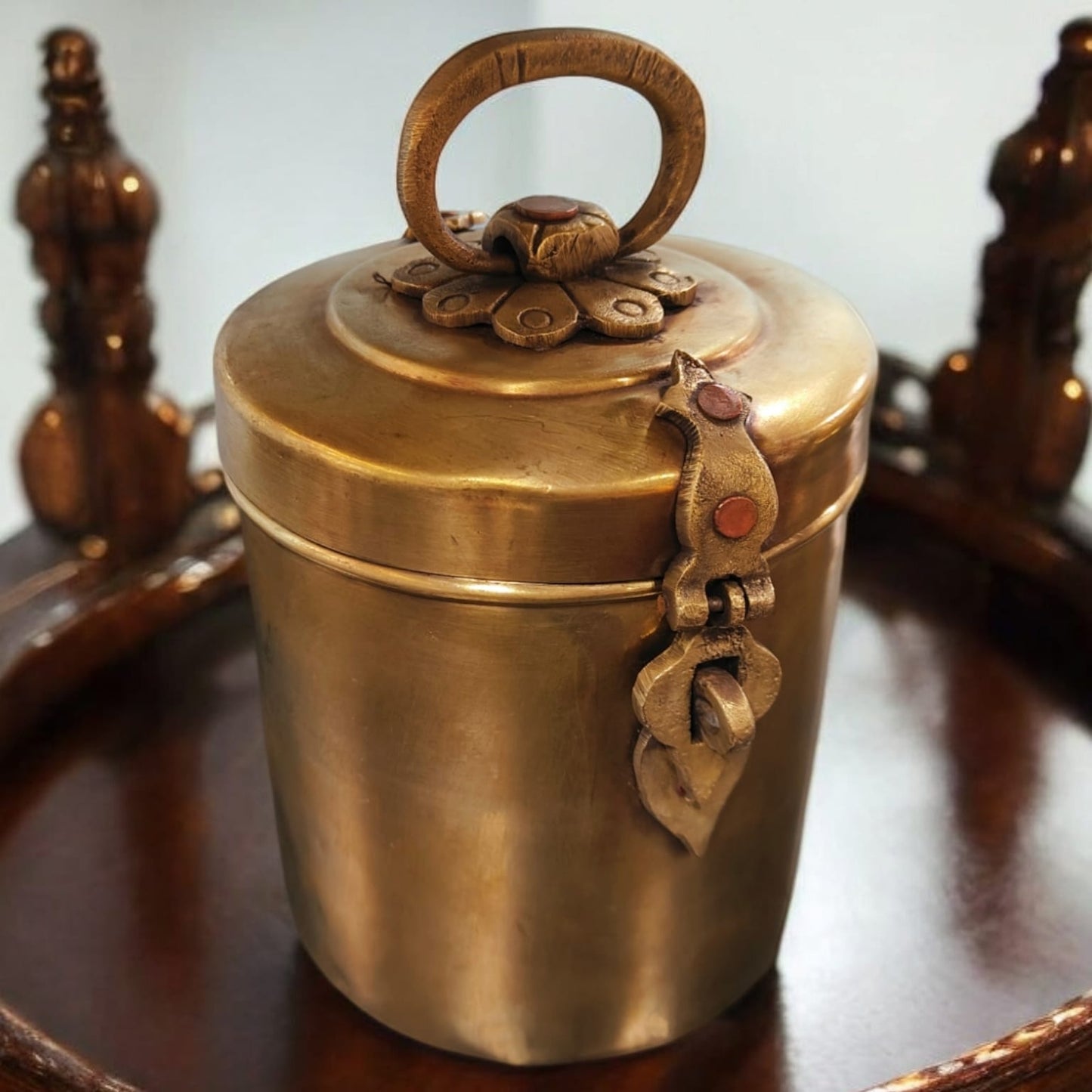 ORIGINAL ANTIQUE: AT/216 - Vintage Brass Cylindrical Lockable Box With Handle | KITCHENWARE | UTENSILS | HOME APPLIANCES