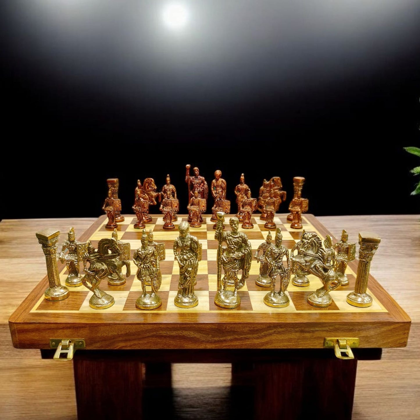 BRAND NEW: NW/045 - Chess Set with Pure Brass Sculpted Pieces In Ancient Roman Style & Wooden Folding Board | KITCHENWARE | UTENSILS | HOME APPLIANCES