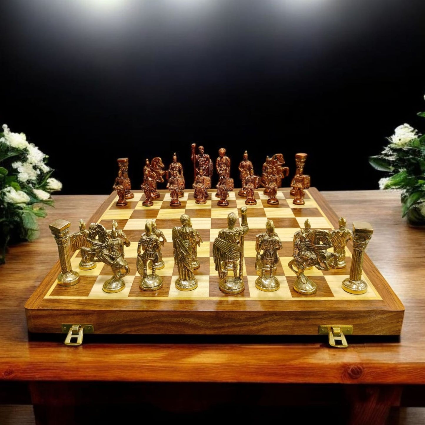 BRAND NEW: NW/045 - Chess Set with Pure Brass Sculpted Pieces In Ancient Roman Style & Wooden Folding Board | KITCHENWARE | UTENSILS | HOME APPLIANCES