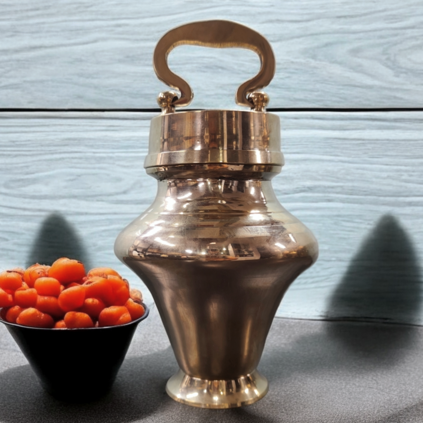 BRAND NEW: NW/028 - Rare Pure Brass Very Beautiful Triangle Shape Vintage Look Gangajal Lota with Glass inside in a Glossy finish traditionally known as "KAMANDAL" | KITCHENWARE | UTENSILS | HOME APPLIANCES