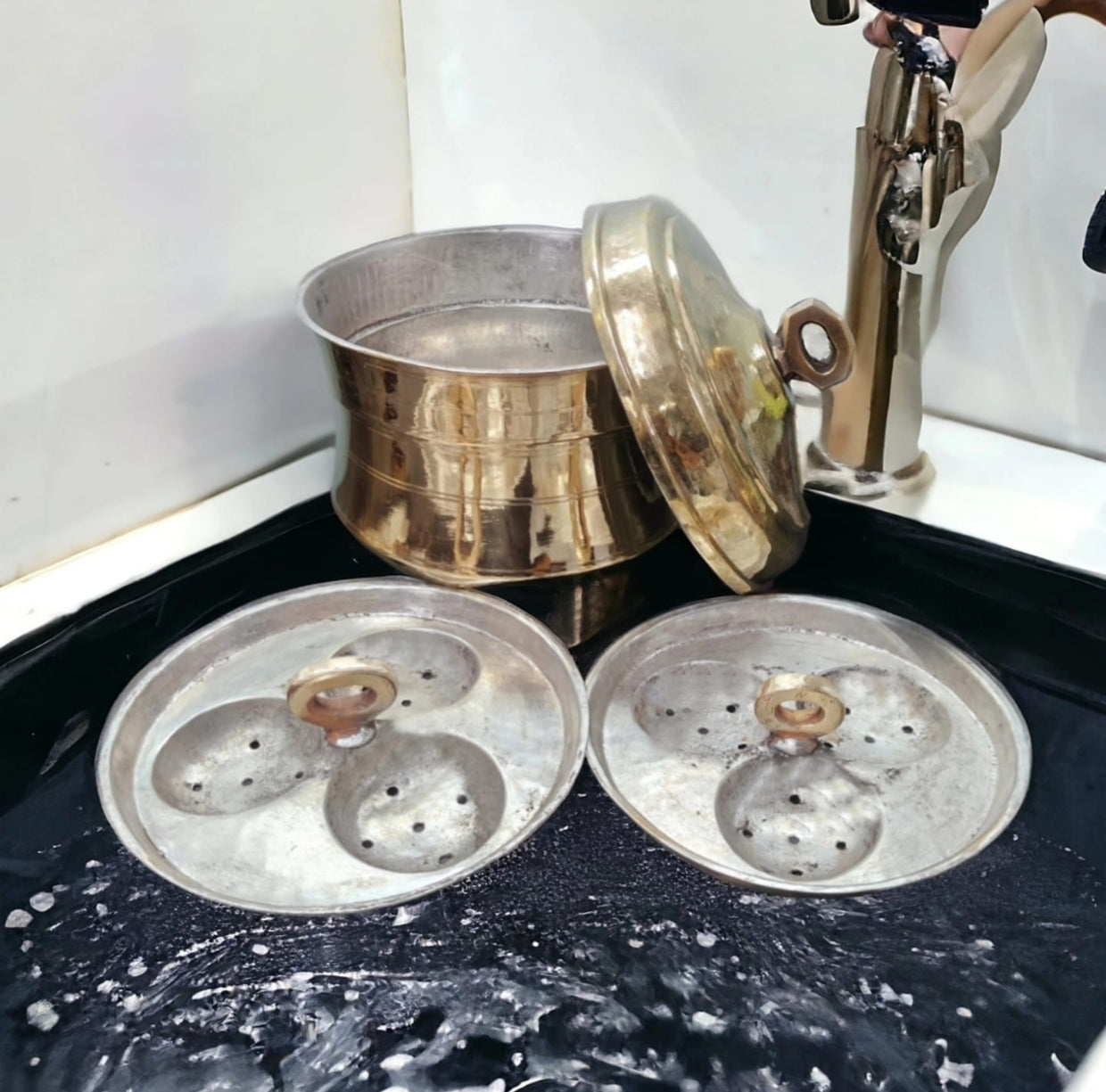 AT/085 - Original Antique Pure Brass Beautifully Hammered Idli Steamer Pot with 2 inserts each including 3 Idli moulds