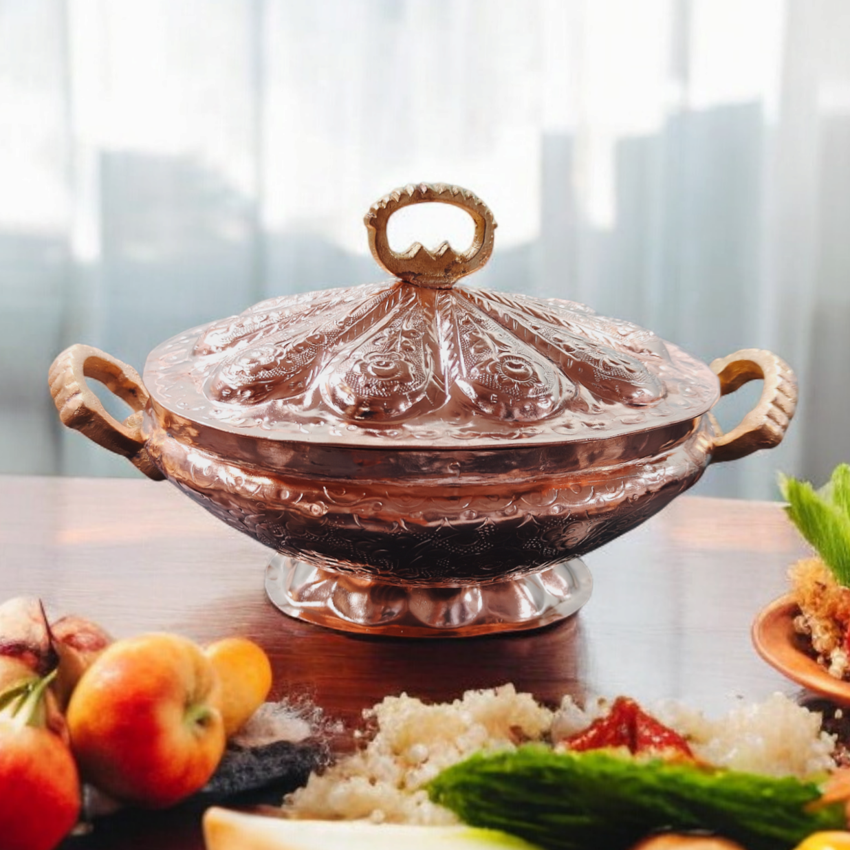 AT/056 - Rare Antique Pure Copper Beautifully Engraved Kashmiri Rice Bowl With Lid & Handles