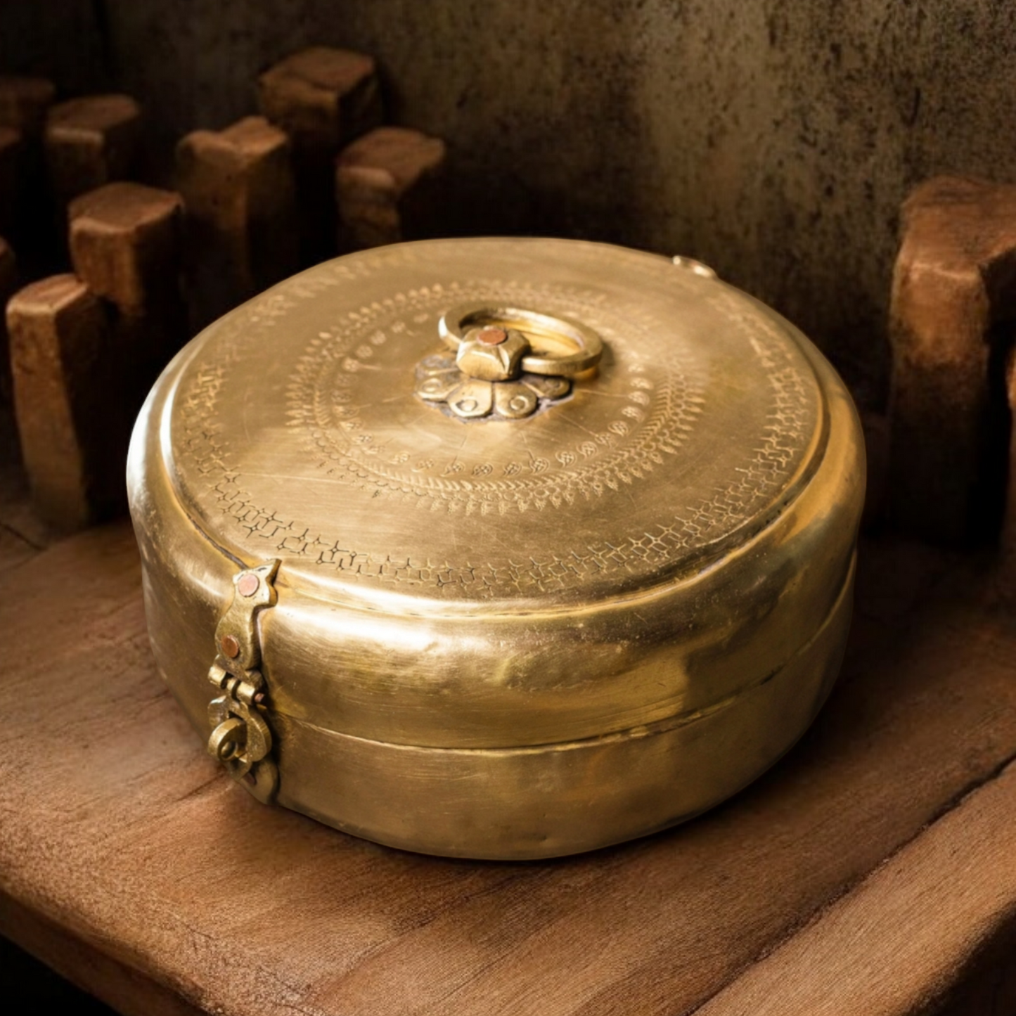 AT/001 - Antique Rare Very Beautifully Engraved Pure Brass Roti Dabba | Chapati Box