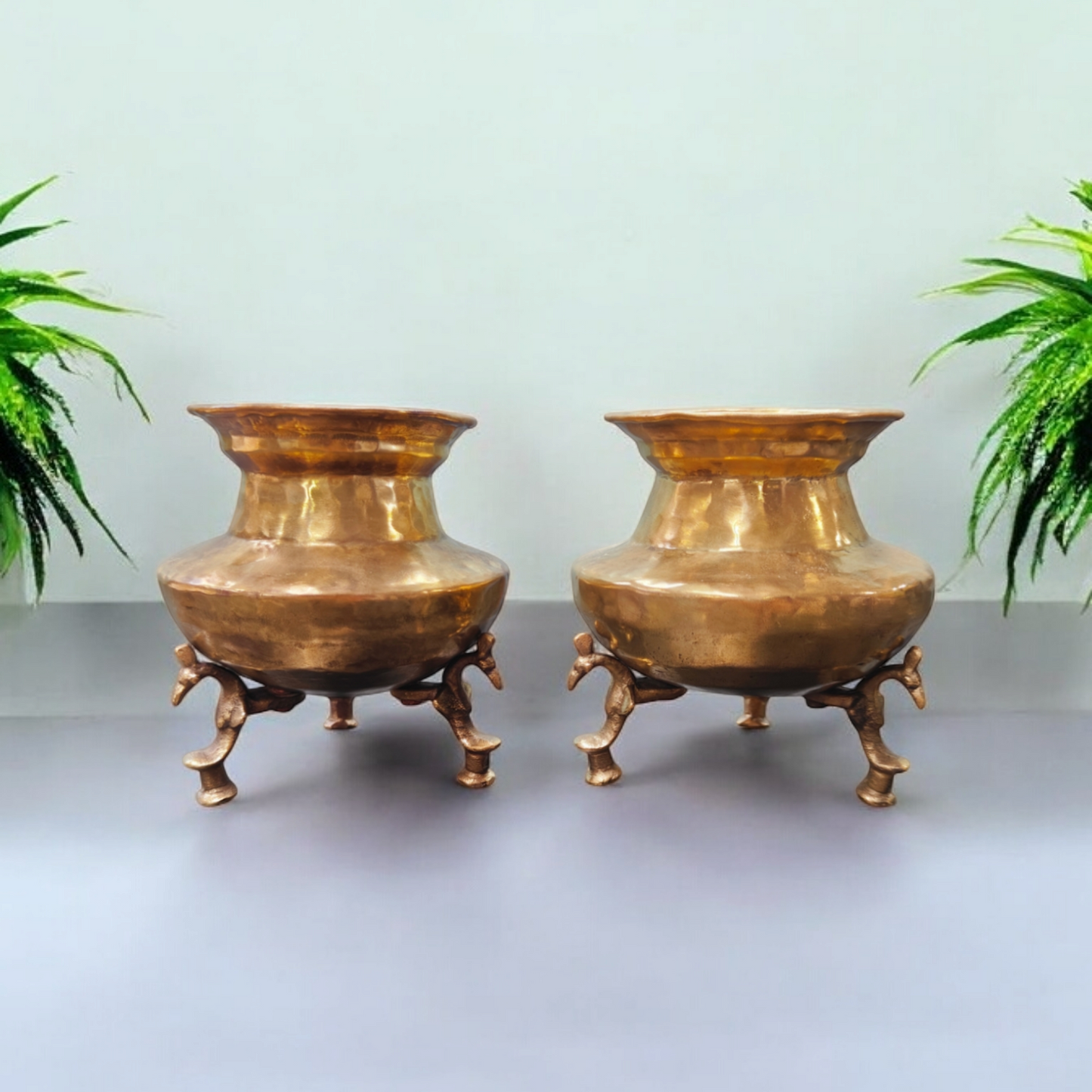 AT/025 - Set of 2 Rare Antique Unique Shape Pure Brass Vintage Lota on Legs