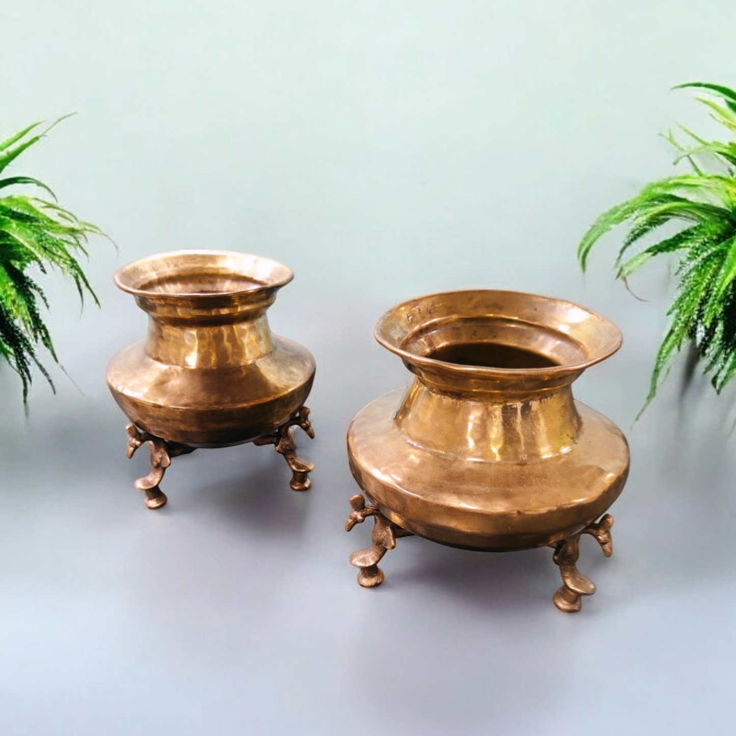 AT/025 - Set of 2 Rare Antique Unique Shape Pure Brass Vintage Lota on Legs