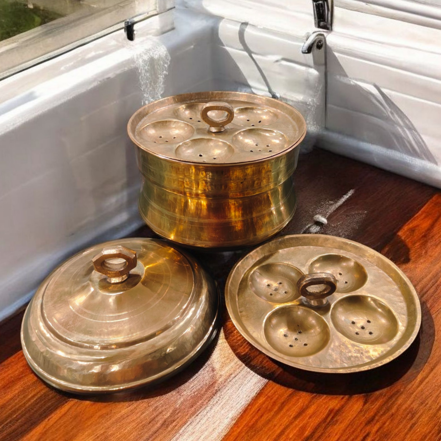 ORIGINAL ANTIQUE: AT/085 - Vintage Pure Brass Beautifully Hammered Idli Steamer Pot with 2 inserts each including 3 Idli moulds | KITCHENWARE | UTENSILS | HOME APPLIANCES