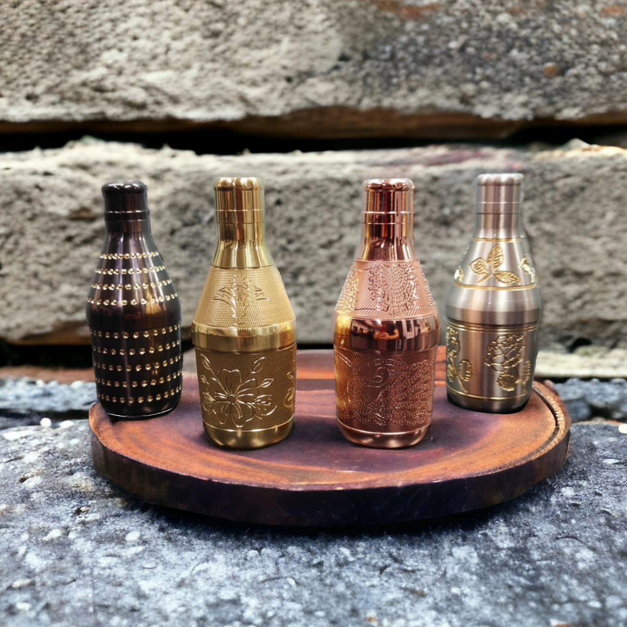 NW/024 - Set Of 4 Vintage Brass Very Beautiful Engraved Mukhwas Bottles