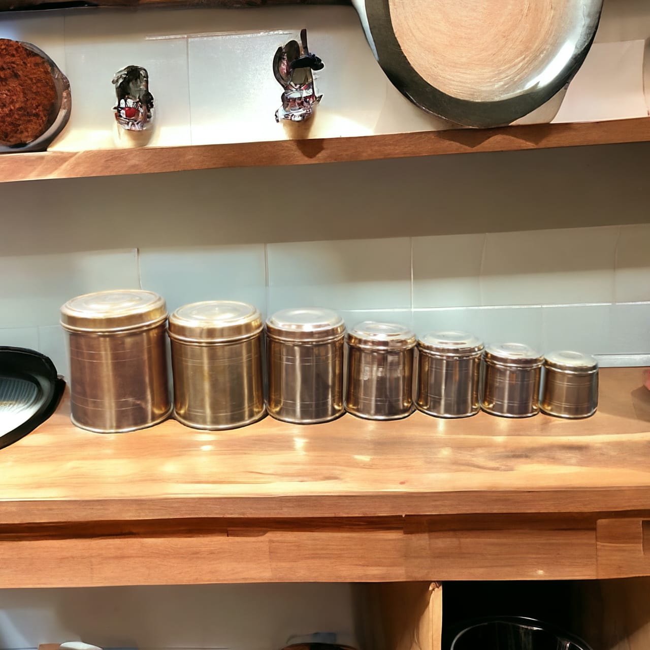 AT/036 - Set of 7 Original Antique Pure Brass Cylindrical Storage Container With Lid