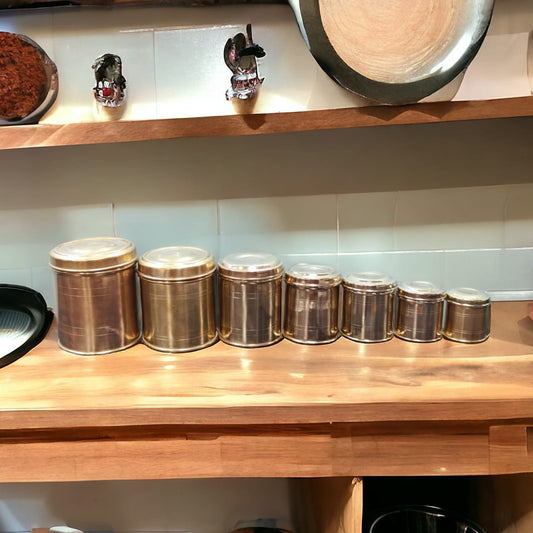 AT/036 - Set of 7 Original Antique Pure Brass Cylindrical Storage Container With Lid