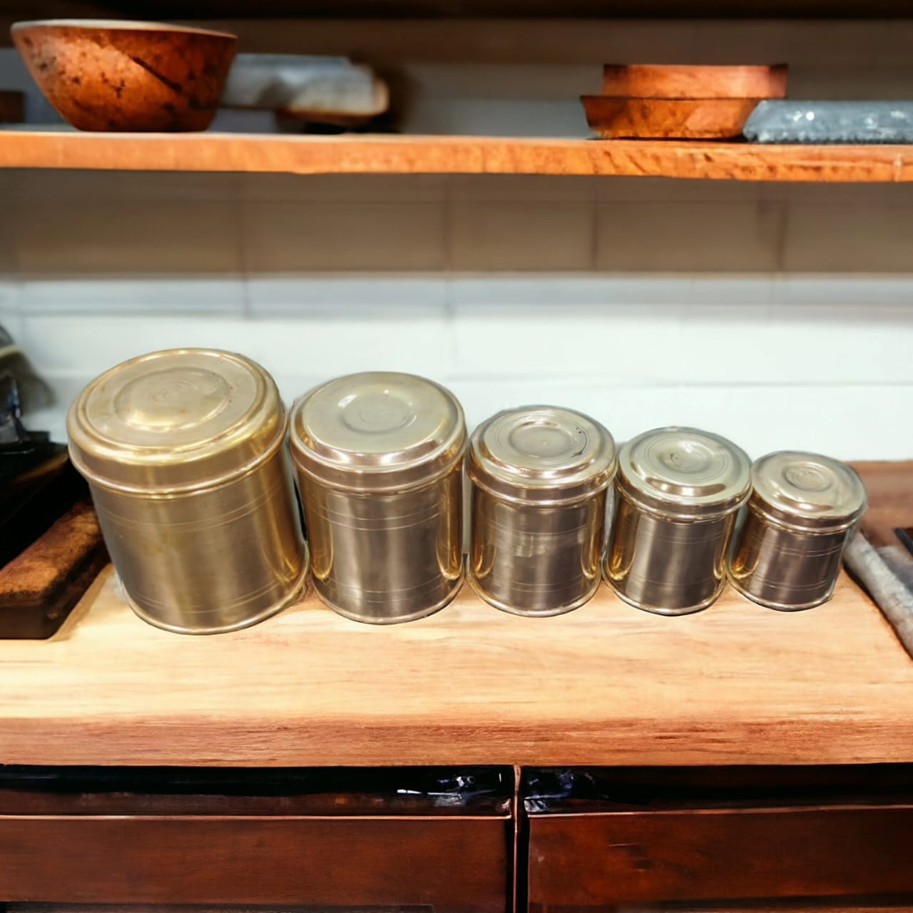 AT/034 - Set of 5 Original Antique Pure Brass Cylindrical Storage Container With Lid