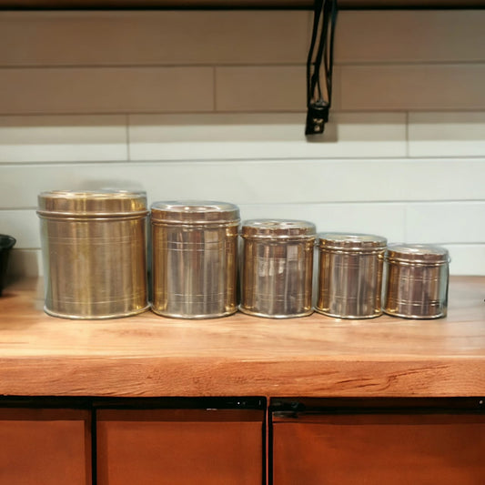 AT/034 - Set of 5 Original Antique Pure Brass Cylindrical Storage Container With Lid