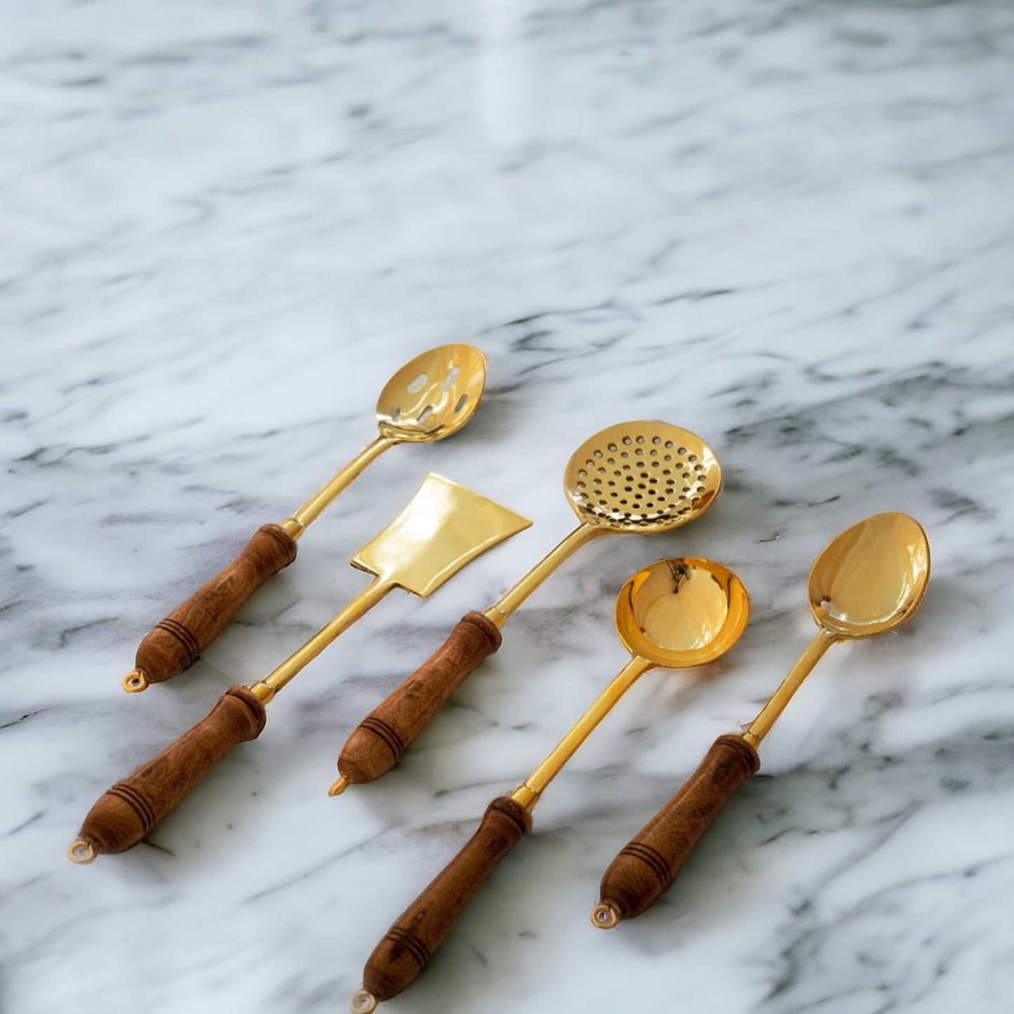 NW/006 - Set of 5 100% Pure Brass Serving Spoons Traditionally Known As "Ladles" With Wooden