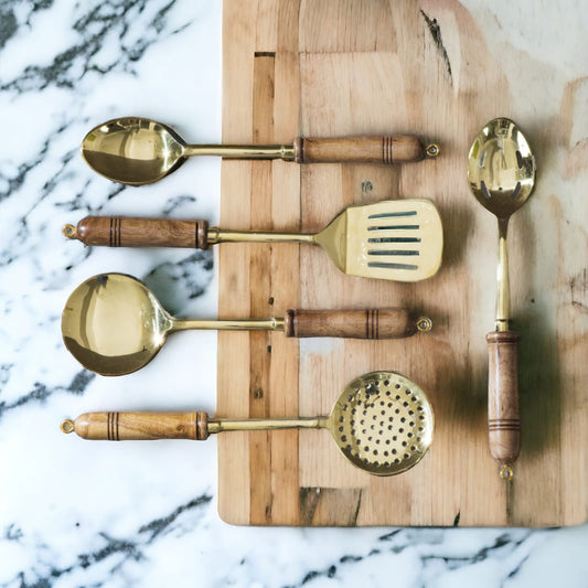 NW/006 - Set of 5 100% Pure Brass Serving Spoons Traditionally Known As "Ladles" With Wooden