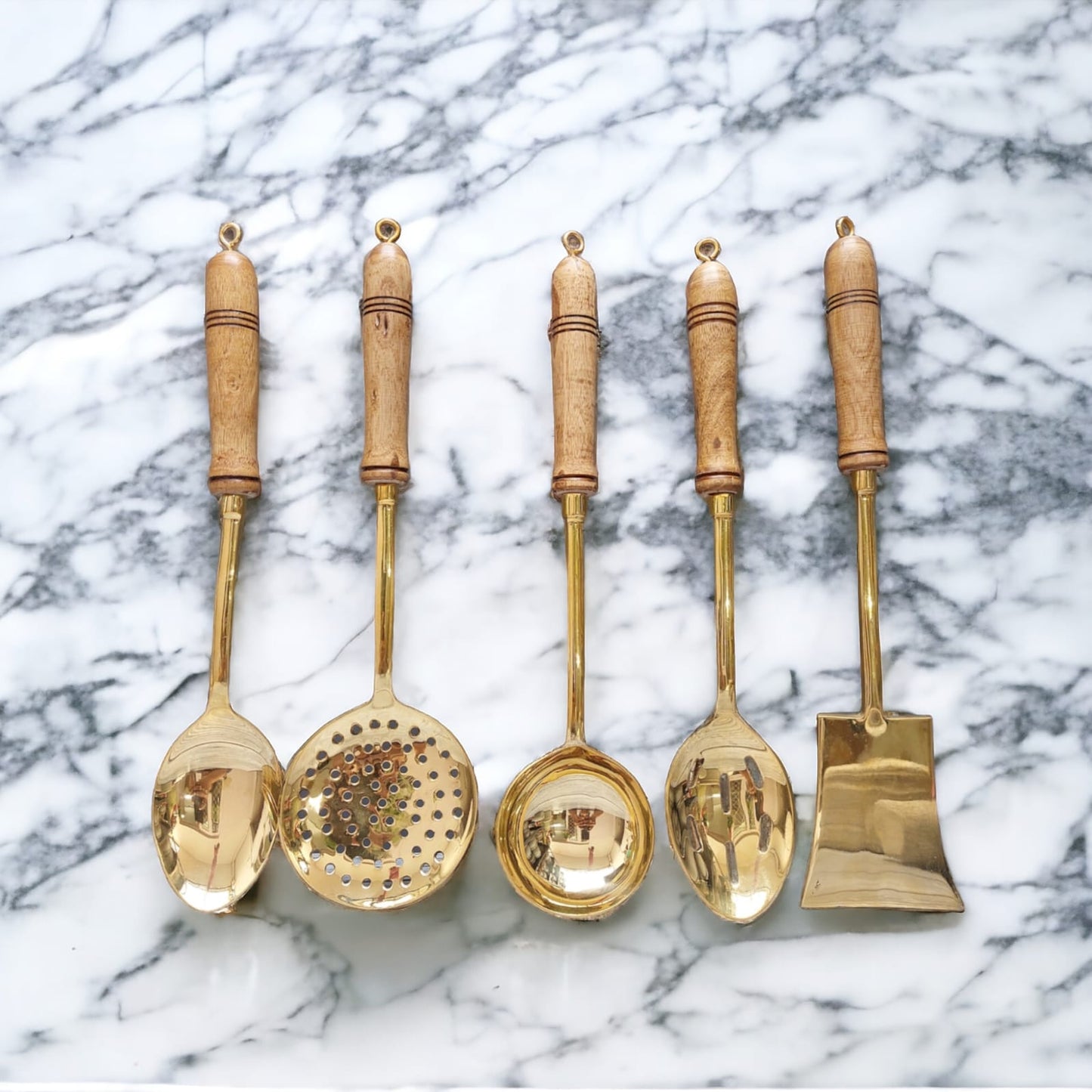 NW/006 - Set of 5 100% Pure Brass Serving Spoons Traditionally Known As "Ladles" With Wooden