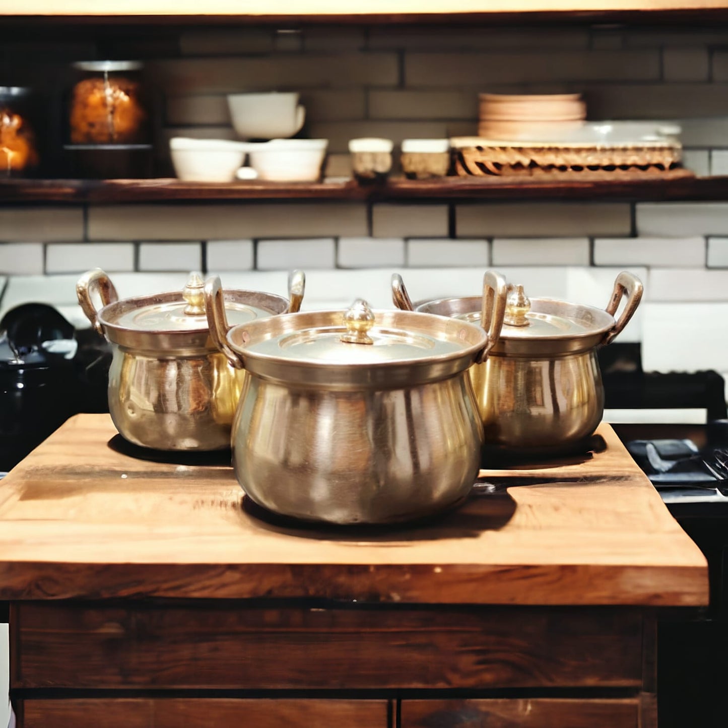 NW/072 - Set Of 3 Antique Brass Very Rare Cooking Vessel with Handles And Lid Mostly Known As "Shakuntala"