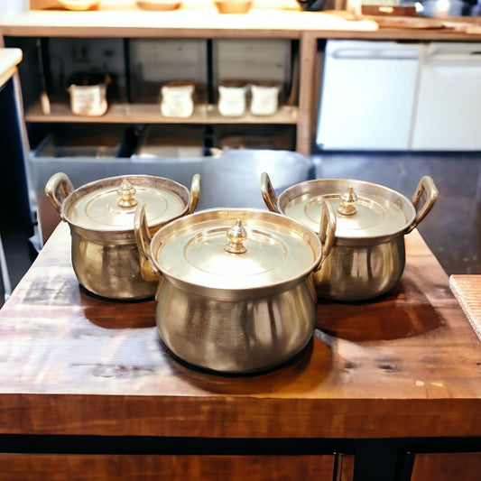 NW/072 - Set Of 3 Antique Brass Very Rare Cooking Vessel with Handles And Lid Mostly Known As "Shakuntala"