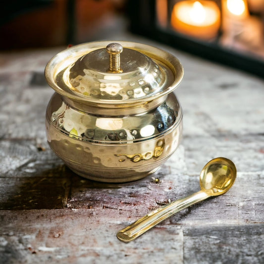 NW/085 - Pure Brass Ghee Pot with A Lid and Spoon