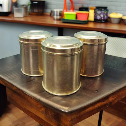 AT/033 - Set of 3 Antique Cylindrical Storage Brass Containers With Lid