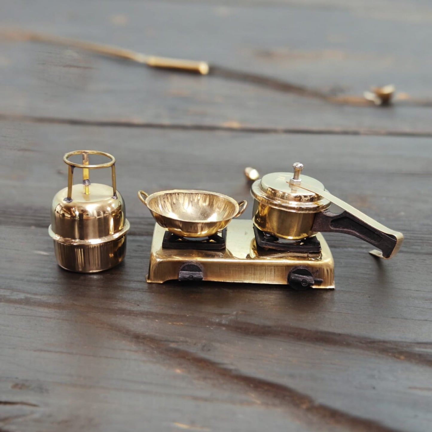 Set Of 5 Miniature - Storage Containers / Oil Container / Mortar & Pestle / Gas Stove / Masala Dabba Showpiece