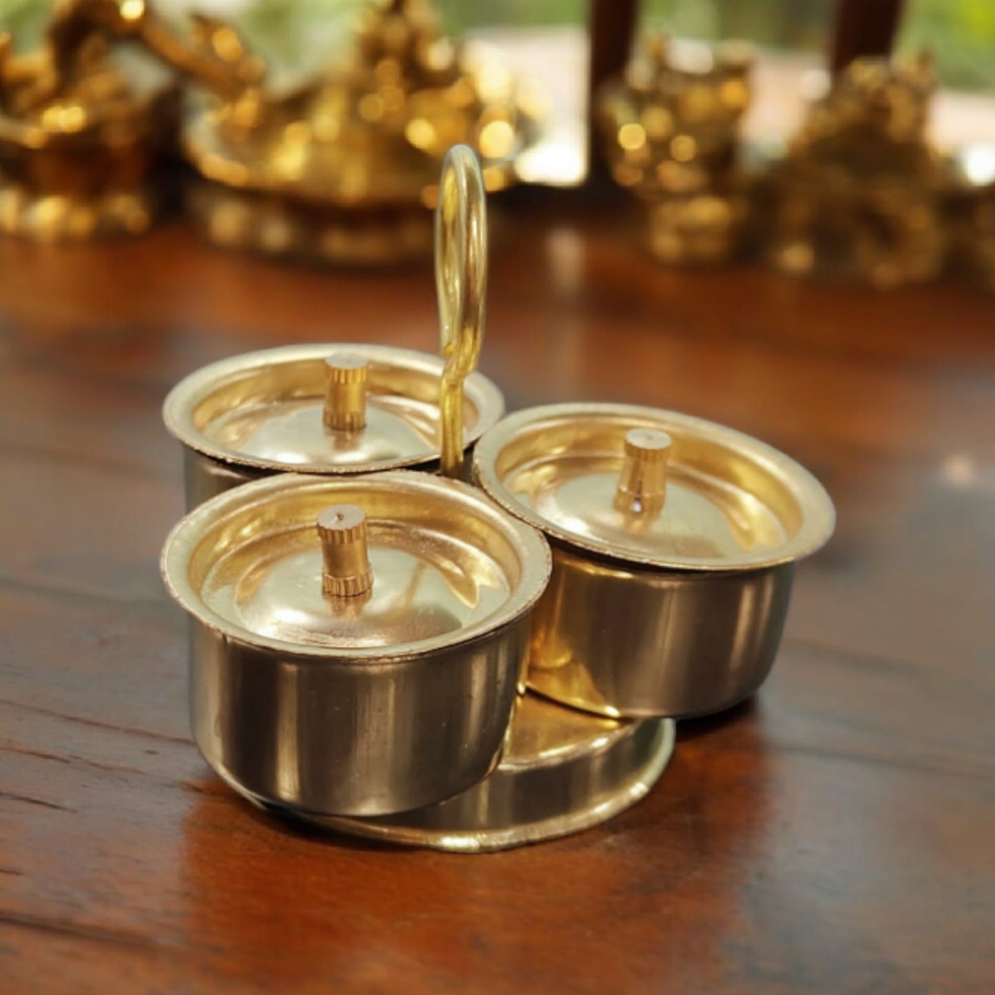 Set Of 3 Miniature - Gas Stove / Storage Container / Trimukha Showpiece