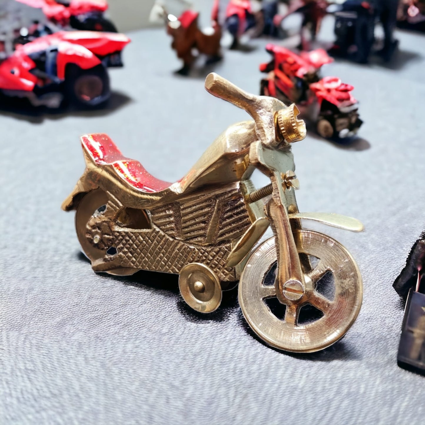 Set Of 3 Miniature - Pure Brass Vintage Helicopter, Bike & Tractor Showpiece