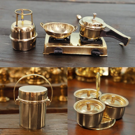 Set Of 3 Miniature - Gas Stove / Storage Container / Trimukha Showpiece