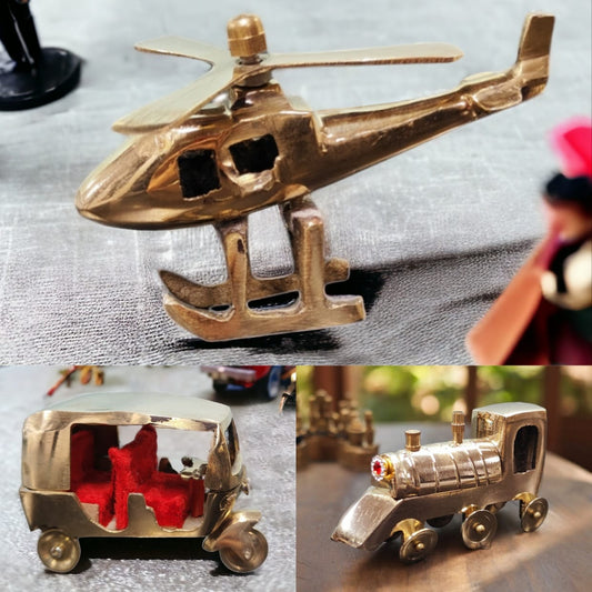 Set Of 3 Miniature - Pure Brass Vintage Helicopter, Auto Rickshaw & Rail Engine Showpiece