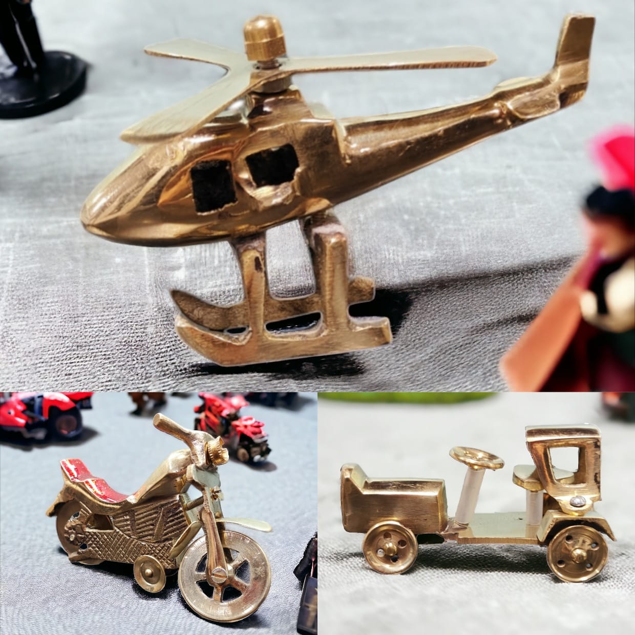 Set Of 3 Miniature - Pure Brass Vintage Helicopter, Bike & Tractor Showpiece